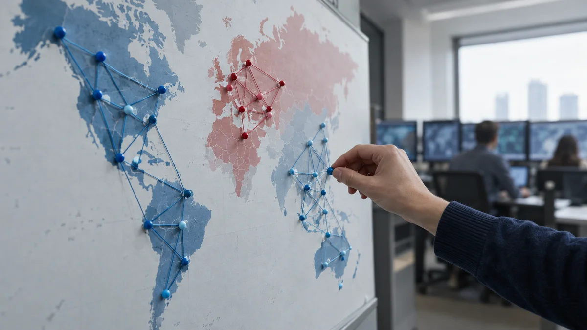Wall map with three regional clusters of site pins connected by thin lines