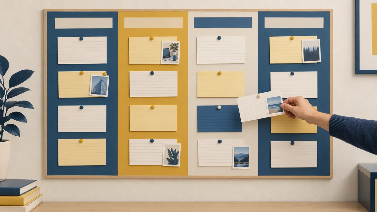Kanban board with cards moving across Pending, In Progress, Completed and Approved columns