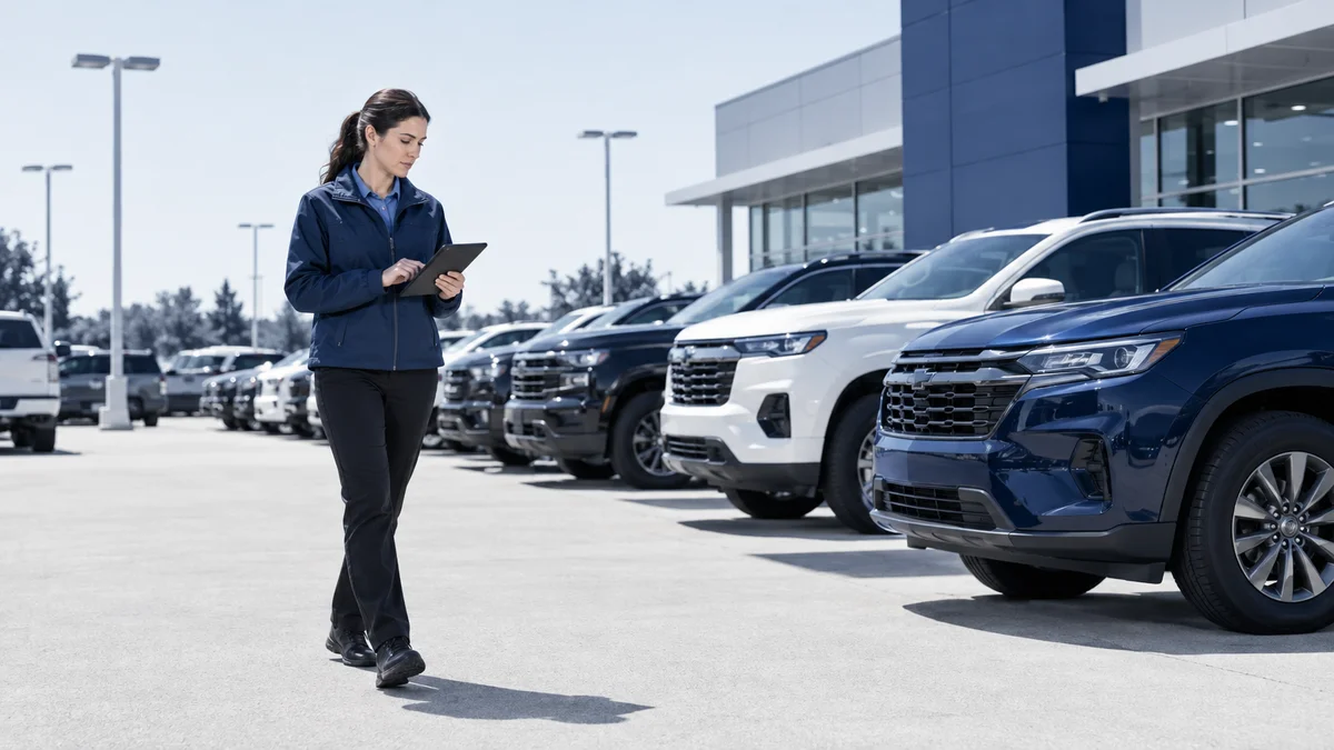 Auditor on a dealership forecourt using a tablet beside a row of vehicles on a clear day