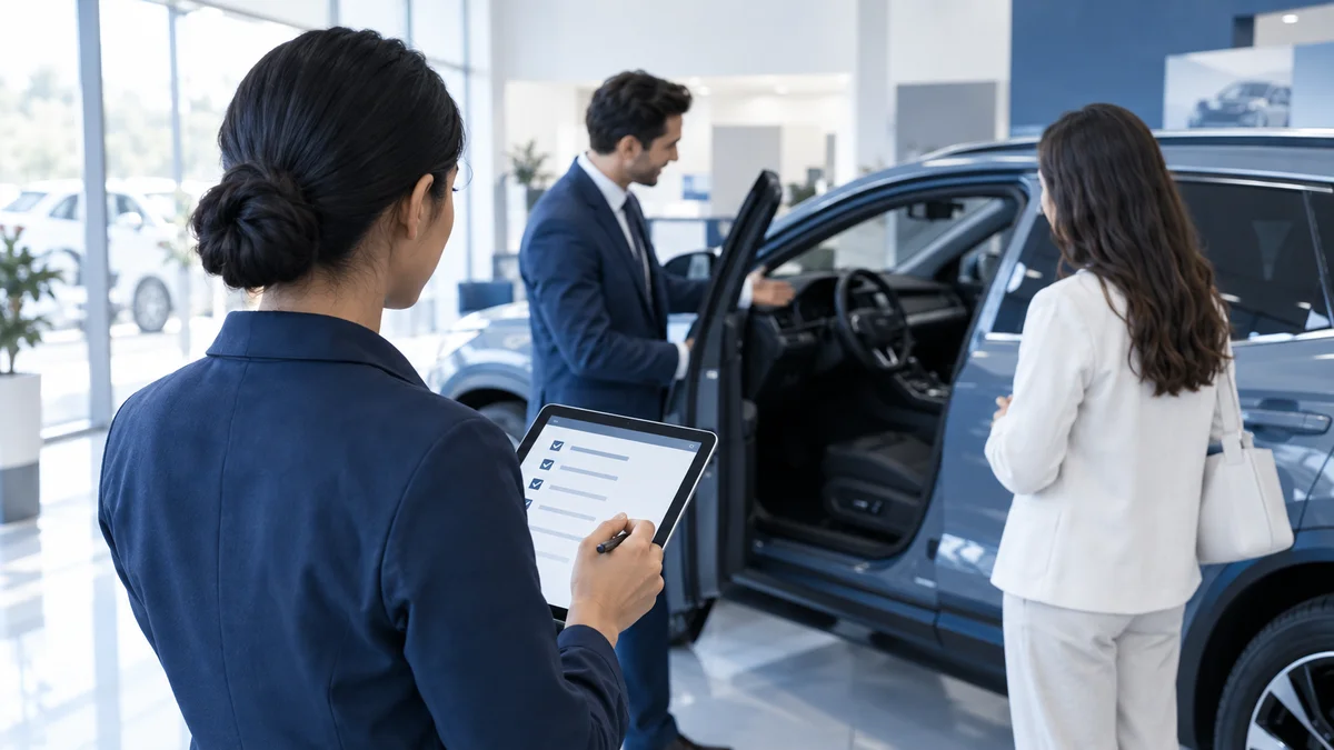 Field auditor with a tablet checking the handover of a new car to a customer in a dealership showroom
