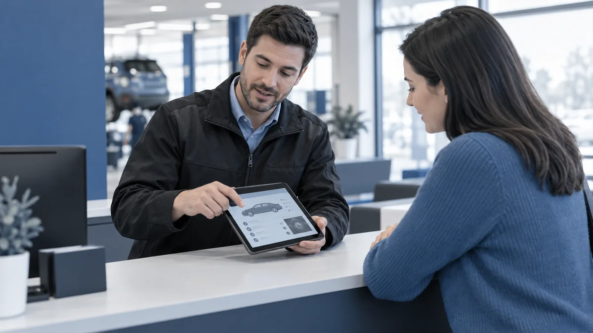 Service advisor explaining completed work to a customer at a service reception desk