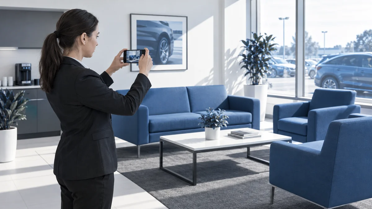 Auditor photographing a customer lounge with a phone during a dealer standards visit