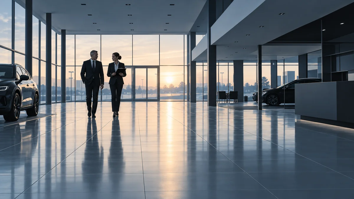 Dealer principal and network manager walking a new dealership before opening day